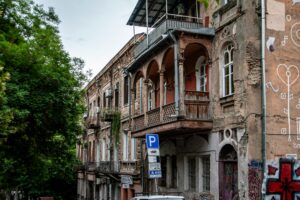 Charming street view of old European buildings reflecting historic architecture and urban culture.